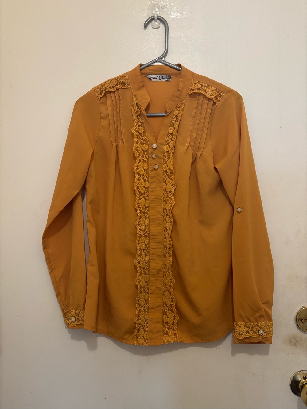 Miss SHE Mustard Lace Trim Blouse | Size 40 Medium | Vintage Inspired